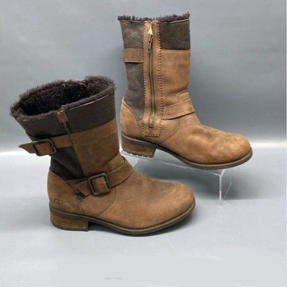 UGG Oregon Stout Moto Leather Suede Brown Boots Sz 8